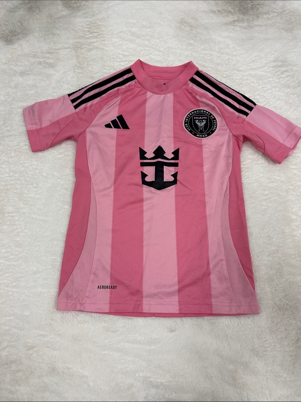 adidas Messi Pink Inter Miami Youth Soccer Jersey with Black Accents